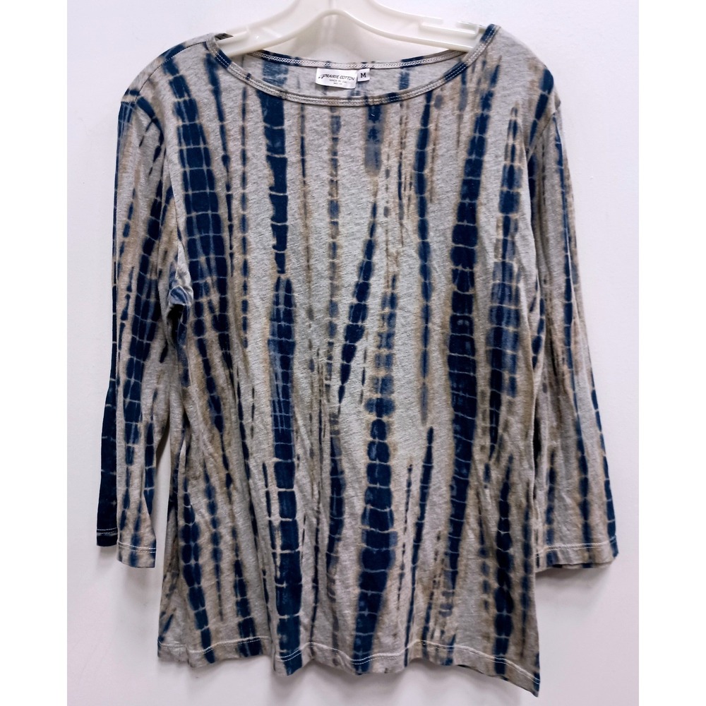 Prairie Cotton Top Womens Medium Blue Grey Tie Dye 3/4 Sleeve Artistic Casual